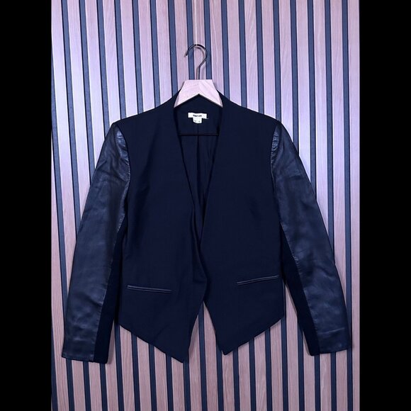 Helmut Lang Jacket 6 / S Womens Black Leather Lamb Sleeve Wool Blazer Open Front